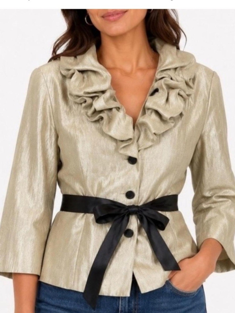 Vintage Ruffled Collar Metallic Tan Jacket with Black Sash